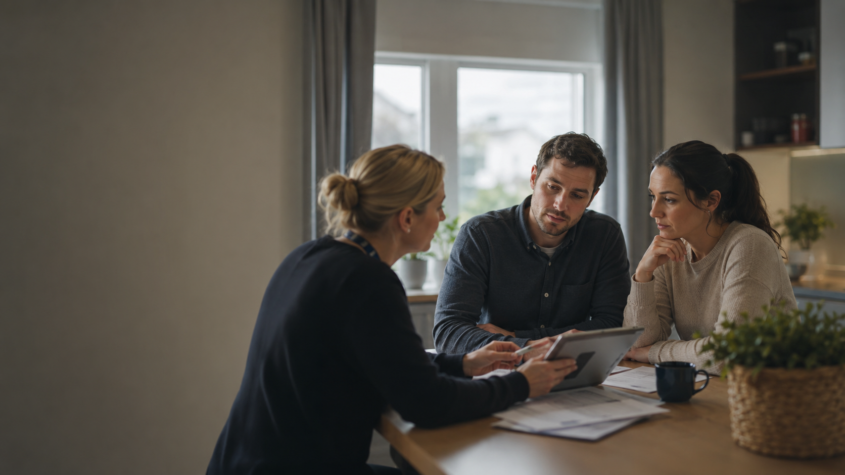 Support worker guiding a couple through information on a tablet