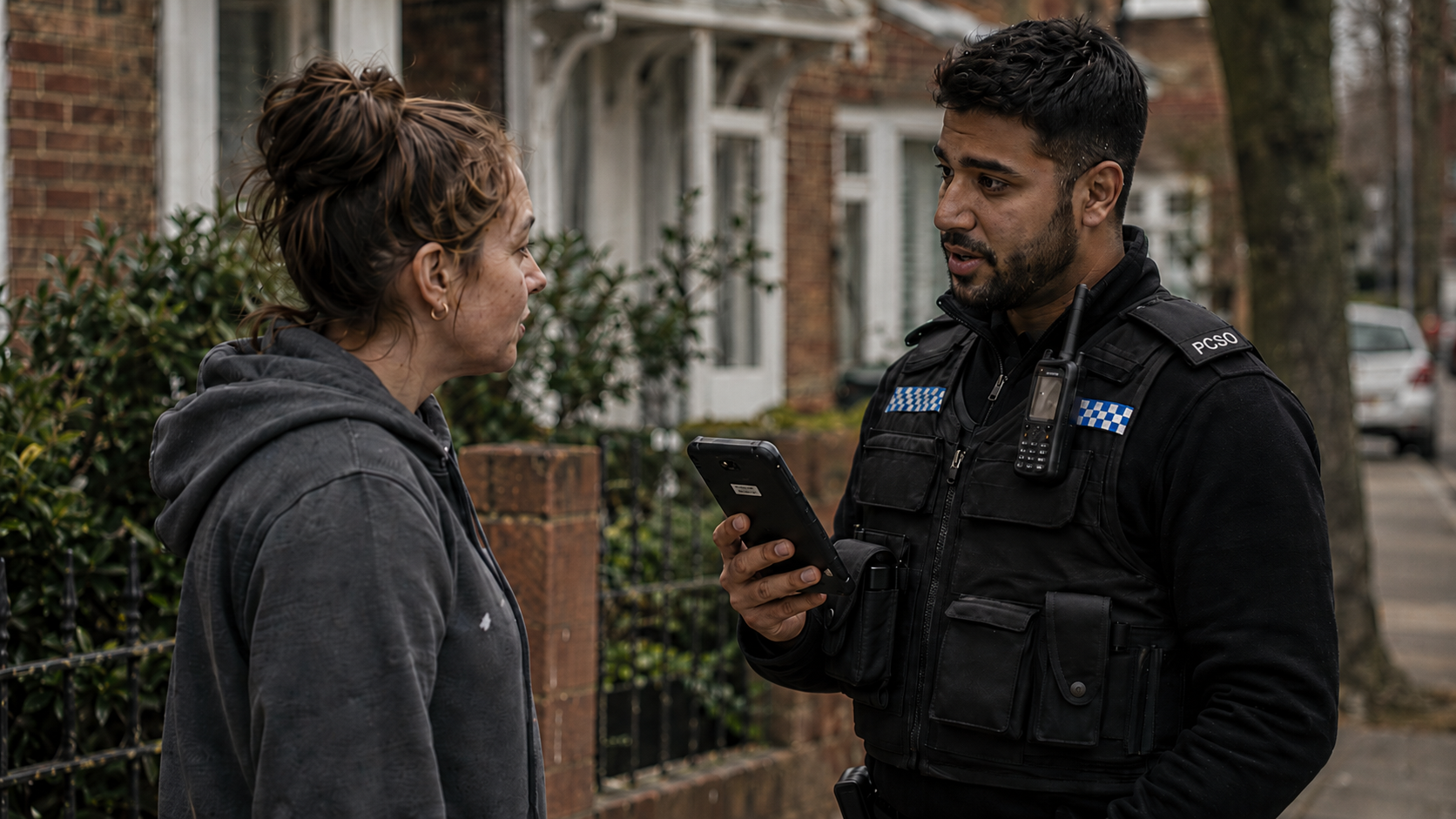 Police community support officer speaking with a resident
